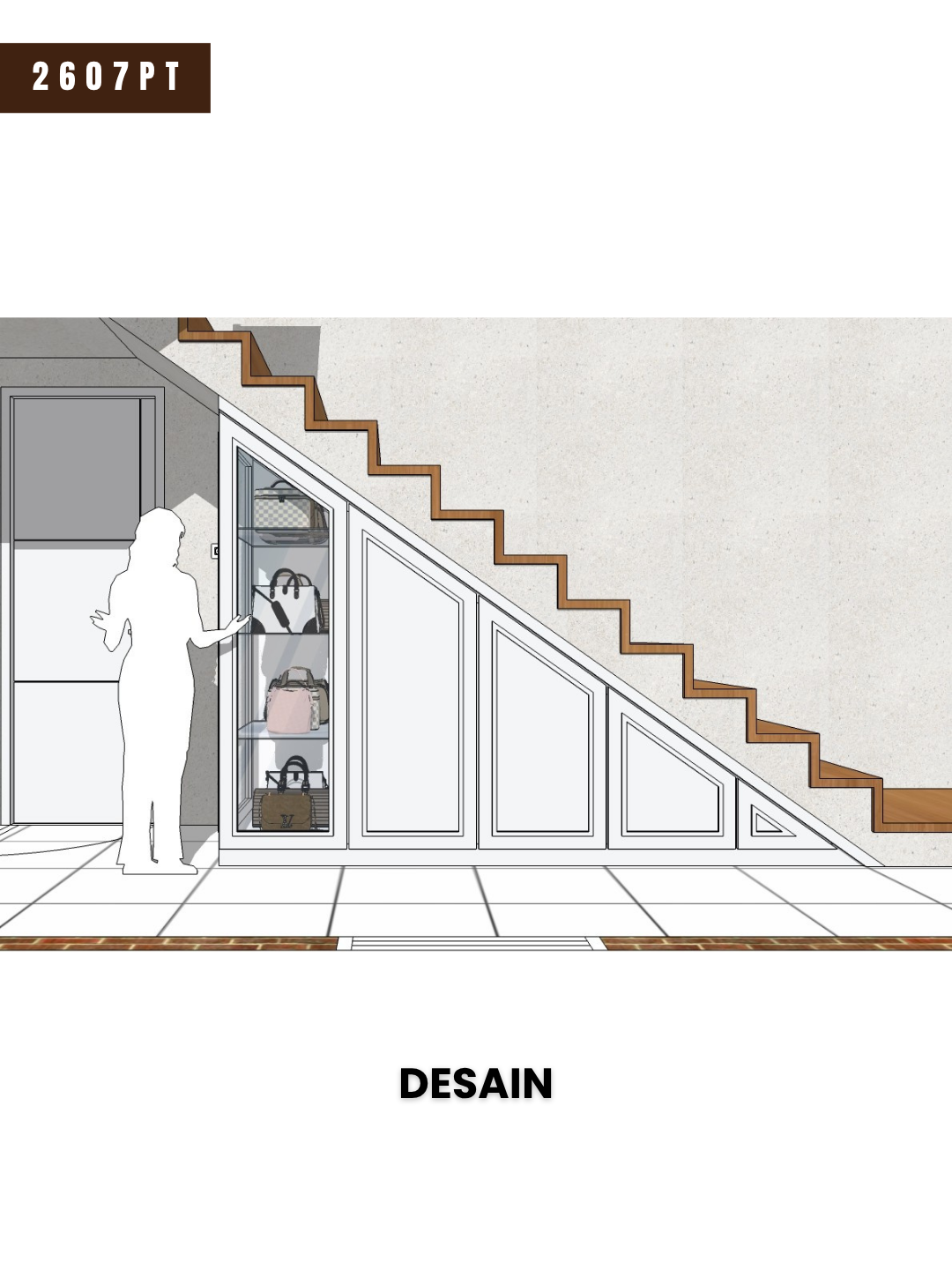Gambar desain rak bawah tangga proyek 2607PT tampak depan: pembagian lima pintu dengan tinggi menurun mengikuti garis tangga