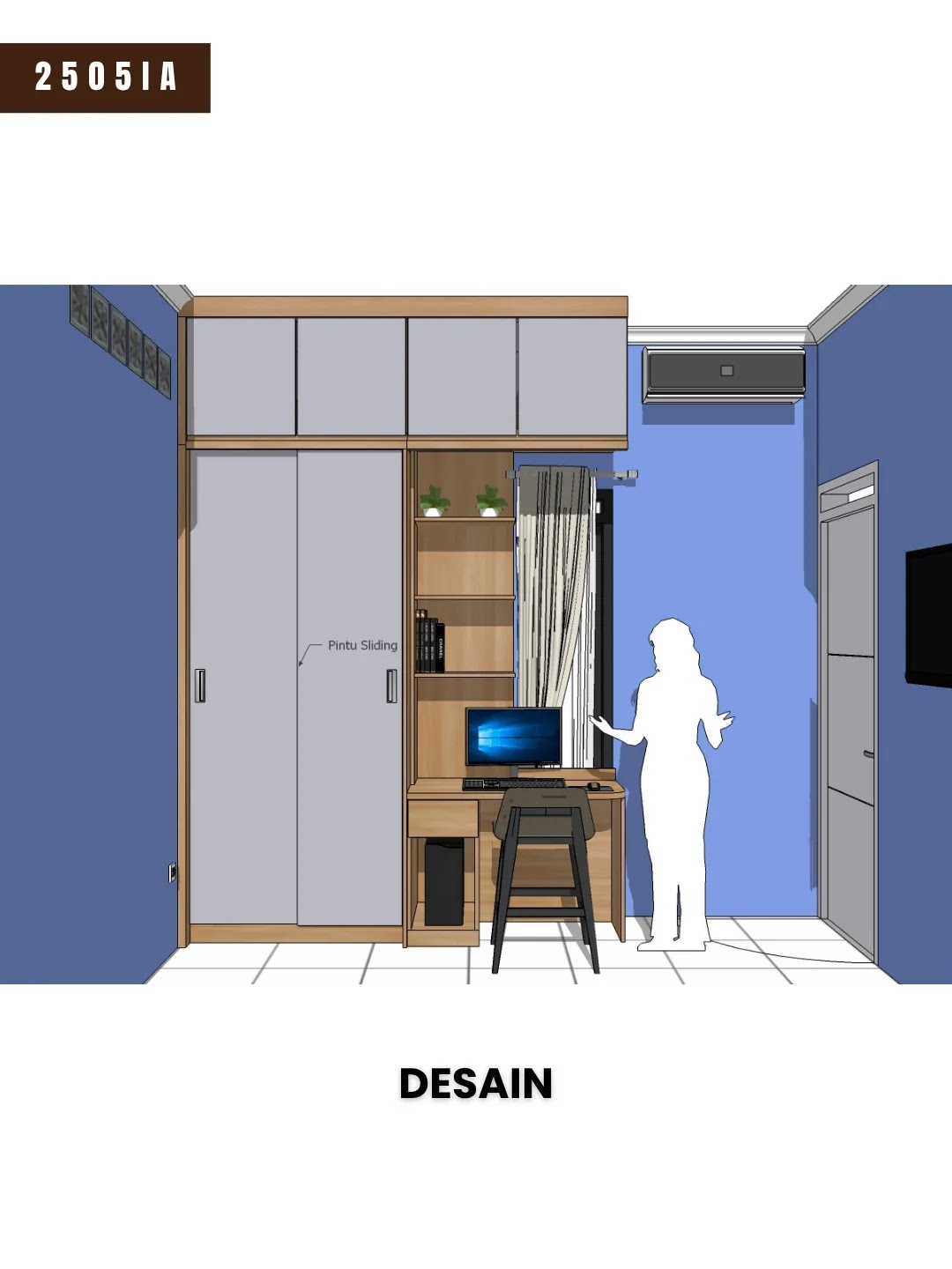Desain 3D tampak depan lemari sliding dan meja belajar kamar tidur anak Lamargas Bandung, proyek 2505IA, sebelum dikerjakan