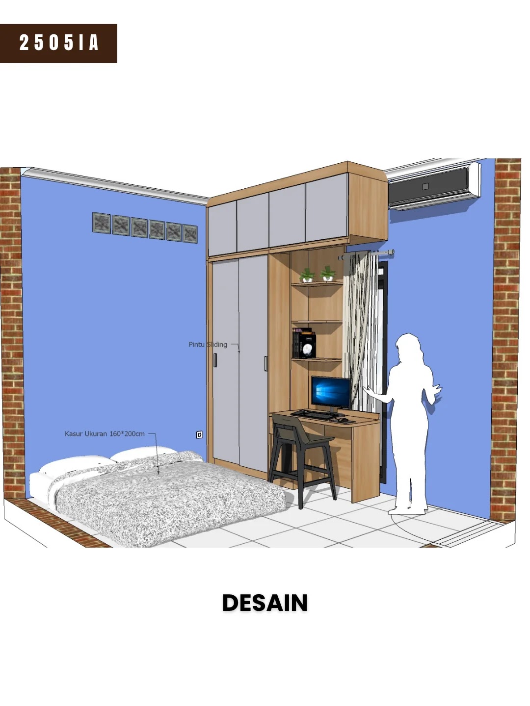 Desain 3D tampak sudut kamar tidur anak Lamargas Bandung, proyek 2505IA, memperlihatkan lemari sliding, meja belajar, dan kasur ukuran 160 x 200 cm